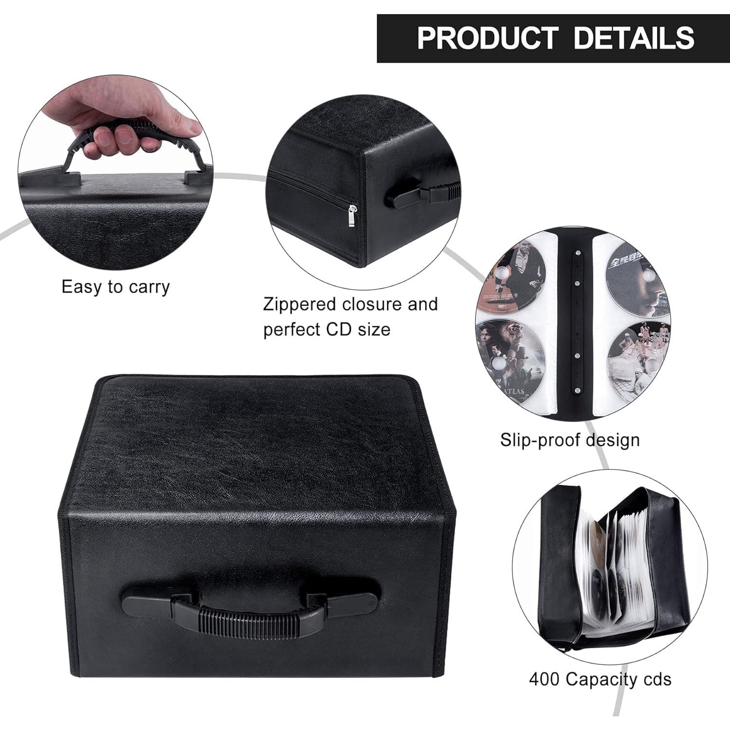 Qaltgc, CD Case, 400 Capacity, Black Leather, Travel Compatible