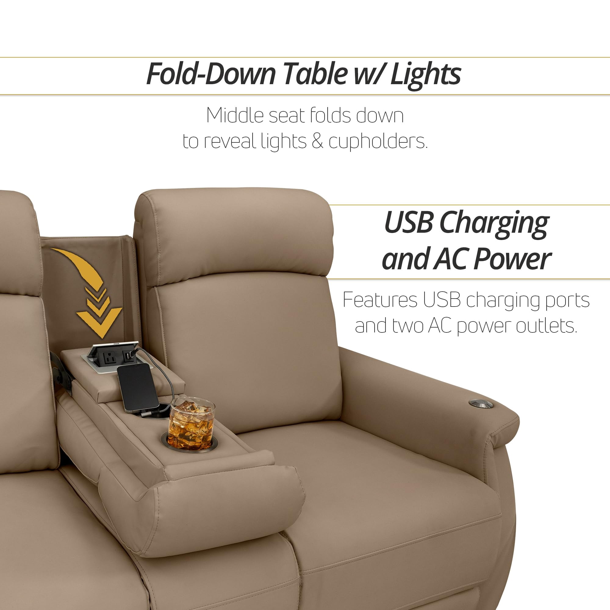 Qualitex Odyssey RV Double Recliner Sofa, Ultimate Leather, Heat & Massage, Power Lumbar, Power Recline, Light Sand