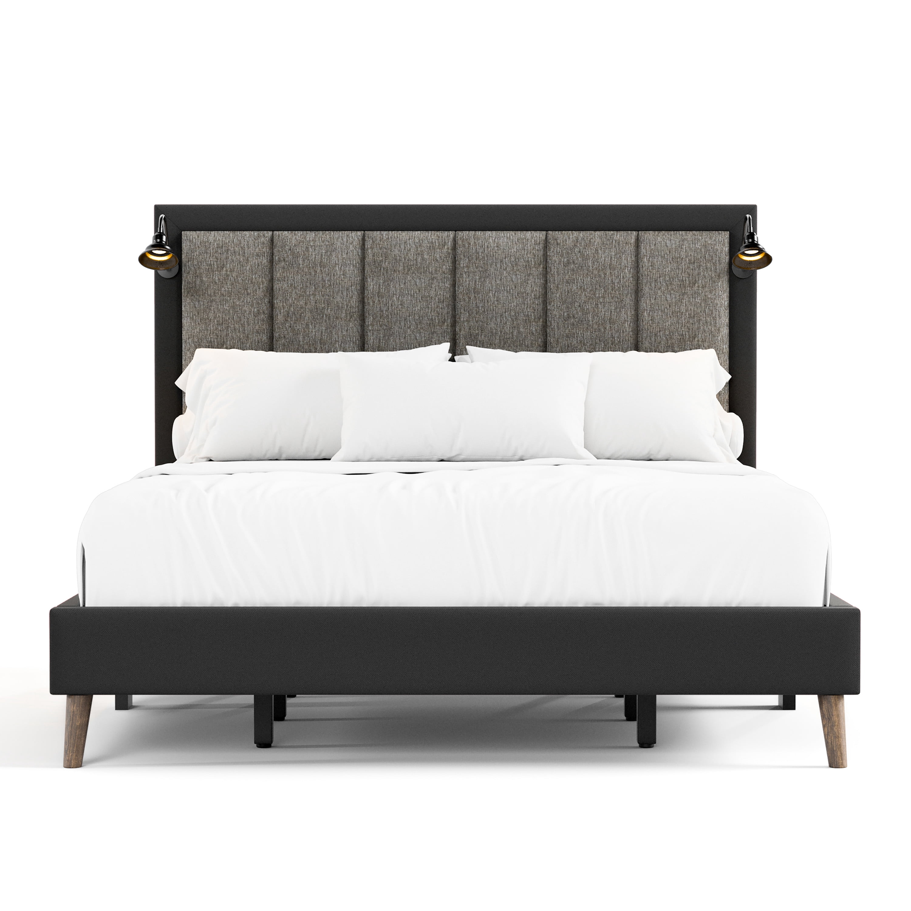 Furniture of America Jovik Adult Queen Wood Panel Bed with Reading Lights, Dark Brown
