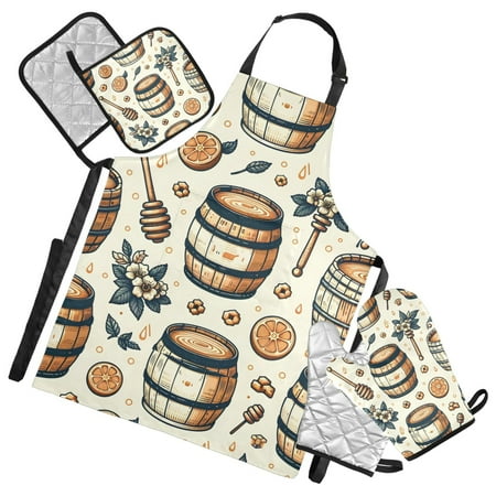 Honey Barrel with Orange 5 Pcs Kitchen Set Heat Resistant Oven Mitts and Non-Slip Pot Holders with Adjustable Cooking Apron