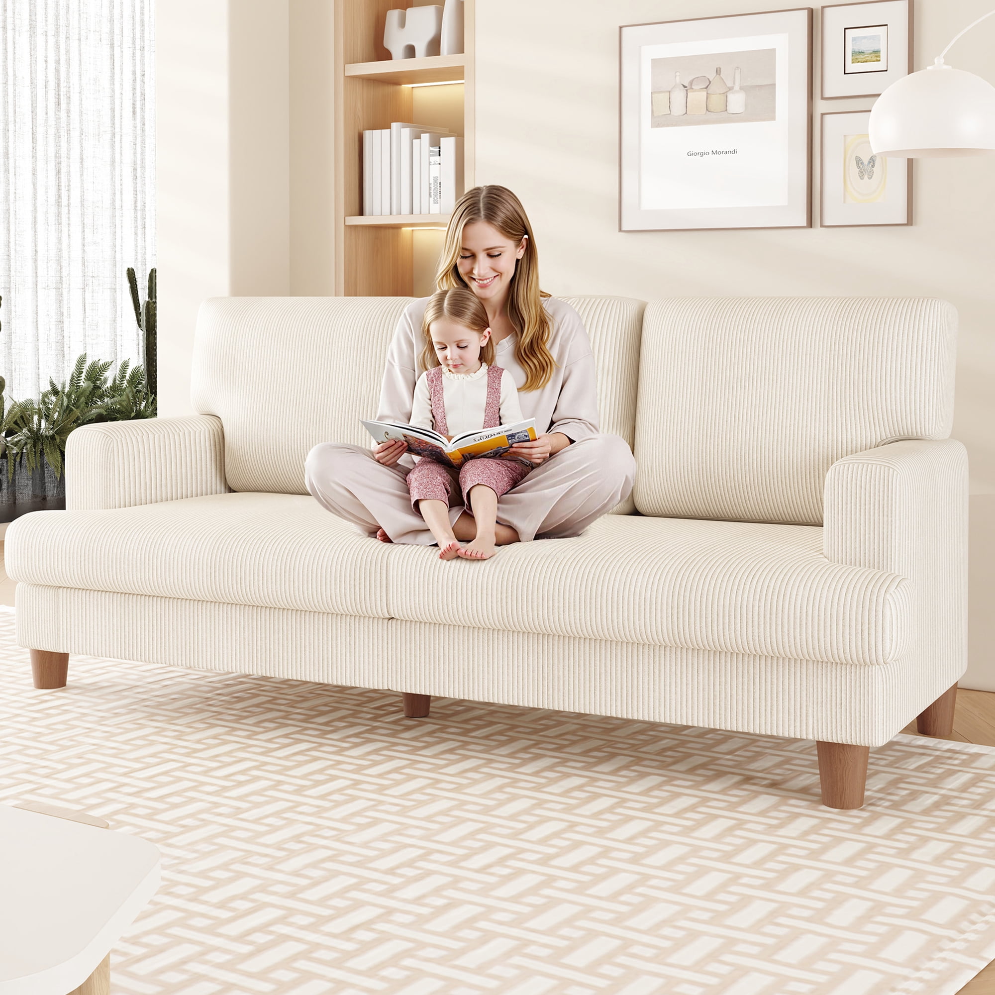 AAQZ 87" Corduroy Sofa Couch for Living Room, 3 Seater Deep Seat Comfy Couch in a Box, 2 Cushions, 2 Pillows Tool-Free Setup,Beige