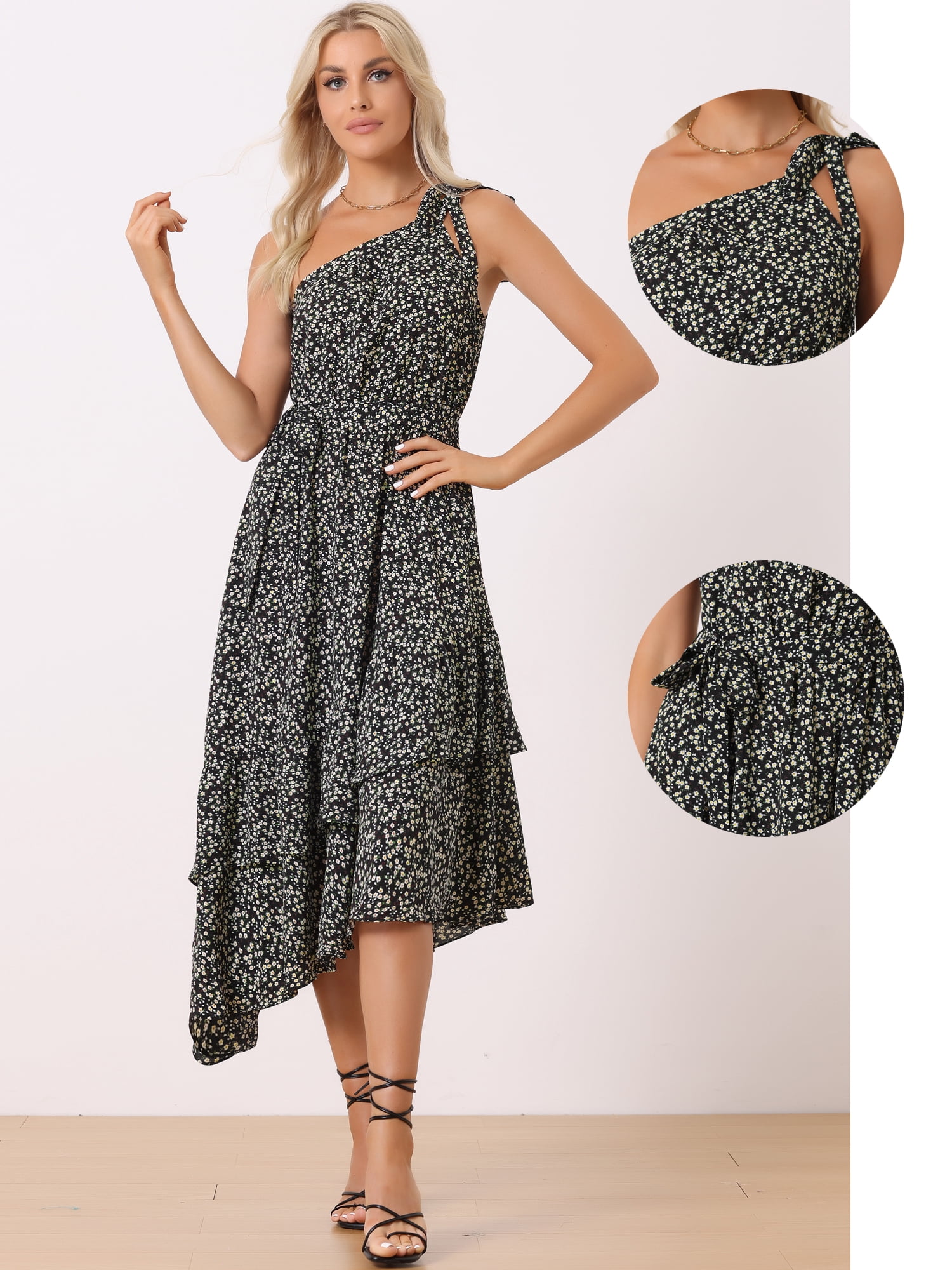 Unique Bargains Women's Sleeveless Layered One Shoulder Tie Floral Midi Dress XS Black