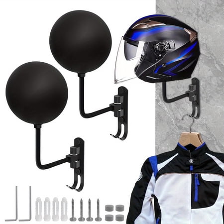 Motorcycle Helmet Rack, Helmet Holder Wall Mount 180° Rotation Hanger with 2 Hook for Coats, Caps, Motorcycle Accessories (Black, 2pcs or 4pcs)