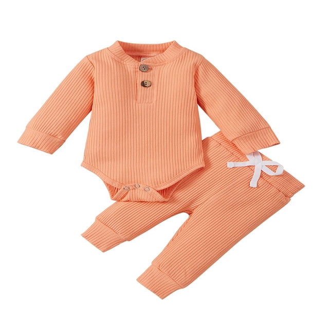 Newborn Baby Girl Boy Spring Fall Clothes Ribbed Cotton Solid Color Long Sleeve Romper Jumpsuit+Pants Outfits Set