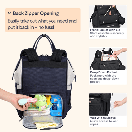 BabbleRoo Wide Top Diaper Bag Backpack, Spacious & Stylish Nappy Organizer, Black, 1 pc