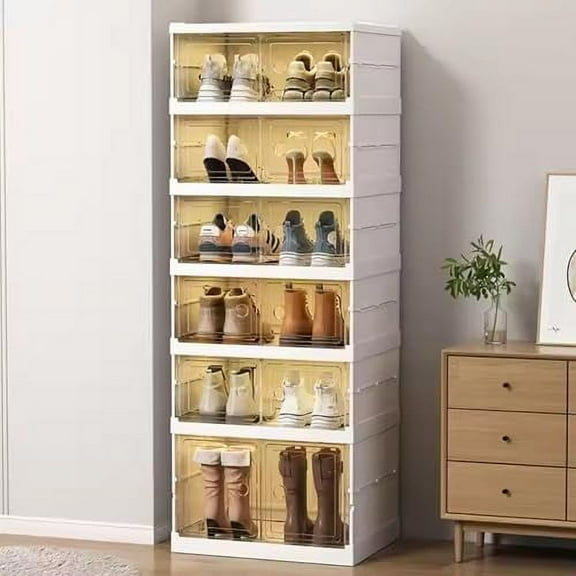 6 Tier Easy Assembly Collapsible Shoe Cabinet Foldable Shoe Organizer Stackable Shoe Storage Box with Clear Door for Front Door Entrance 12Pairs