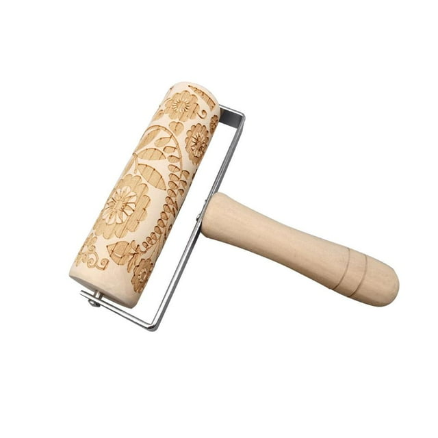 Feltree Wooden Christmas Embossed Pattern Rolling Pin Engraved Pizza Baking Rolling Pin Christmas Baking Non-stick Christmas Pattern