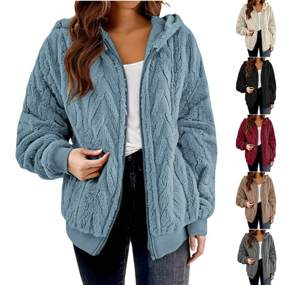 Womens Winter Fleece Jacket Textured Long Sleeve Warm Zip Cardigan Hooded Jacket Casual Winter Outerwear