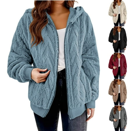 LWITHSZG Fleece Hoodie Women Trendy Texture Zip up Jacket Soft Comfy Warm Long Sleeve Hooded Sweatshirts Fall Winter Casual Outerwear Size M
