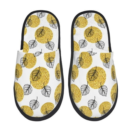 Balery Gold Dots and Leaves Slient Indoor Furry Fleece Comfort House Shoes Soft Non-Slip Home Shoes Cotton slippers House Slippers-- Large
