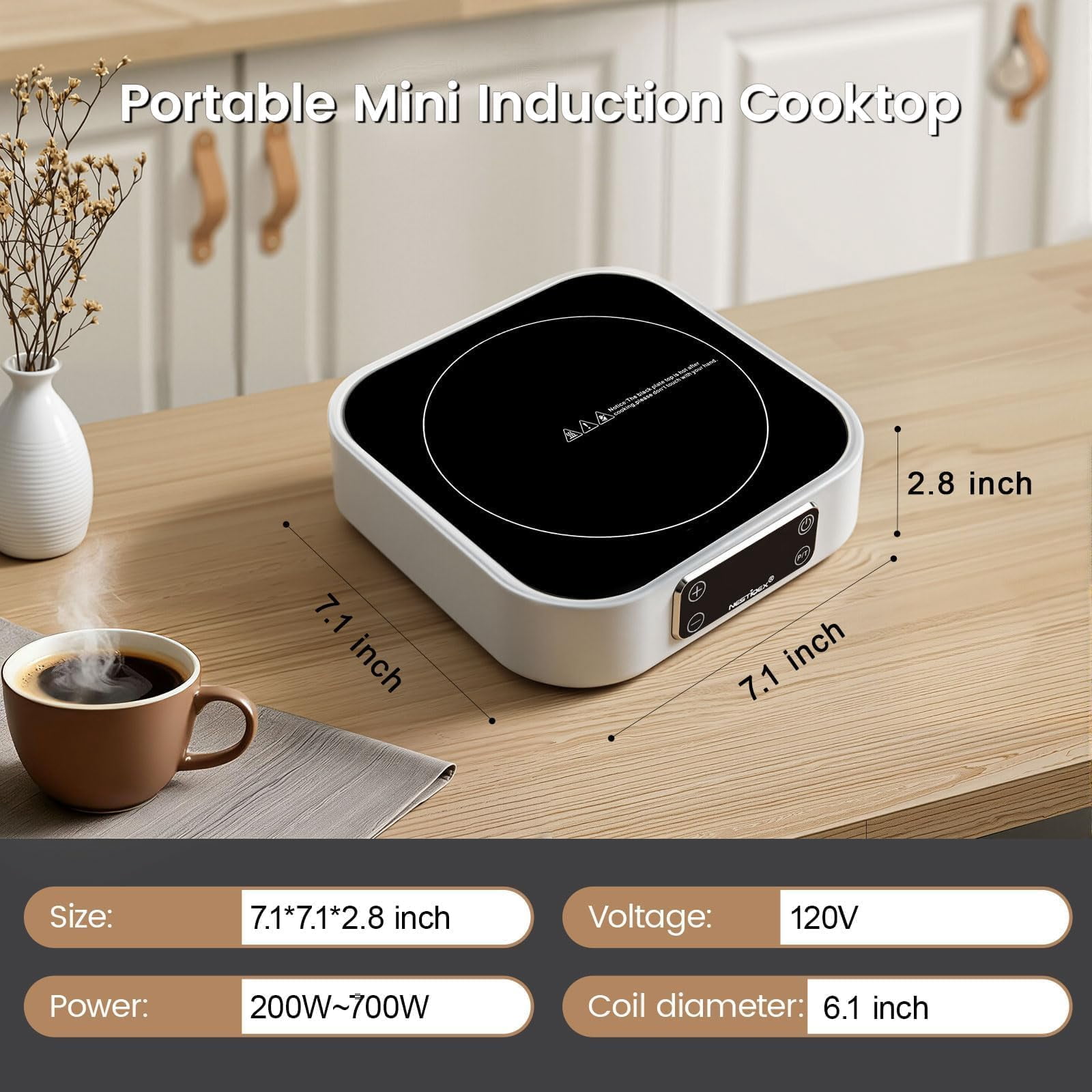 Mini Induction Cooktop 700W, 120V Portable Single Induction Burner Compact Electric Hot Plate for Small Kitchens, Travel, RV, Camping – Quick Heat for Coffee, Tea, Flameless, Easy-Clean