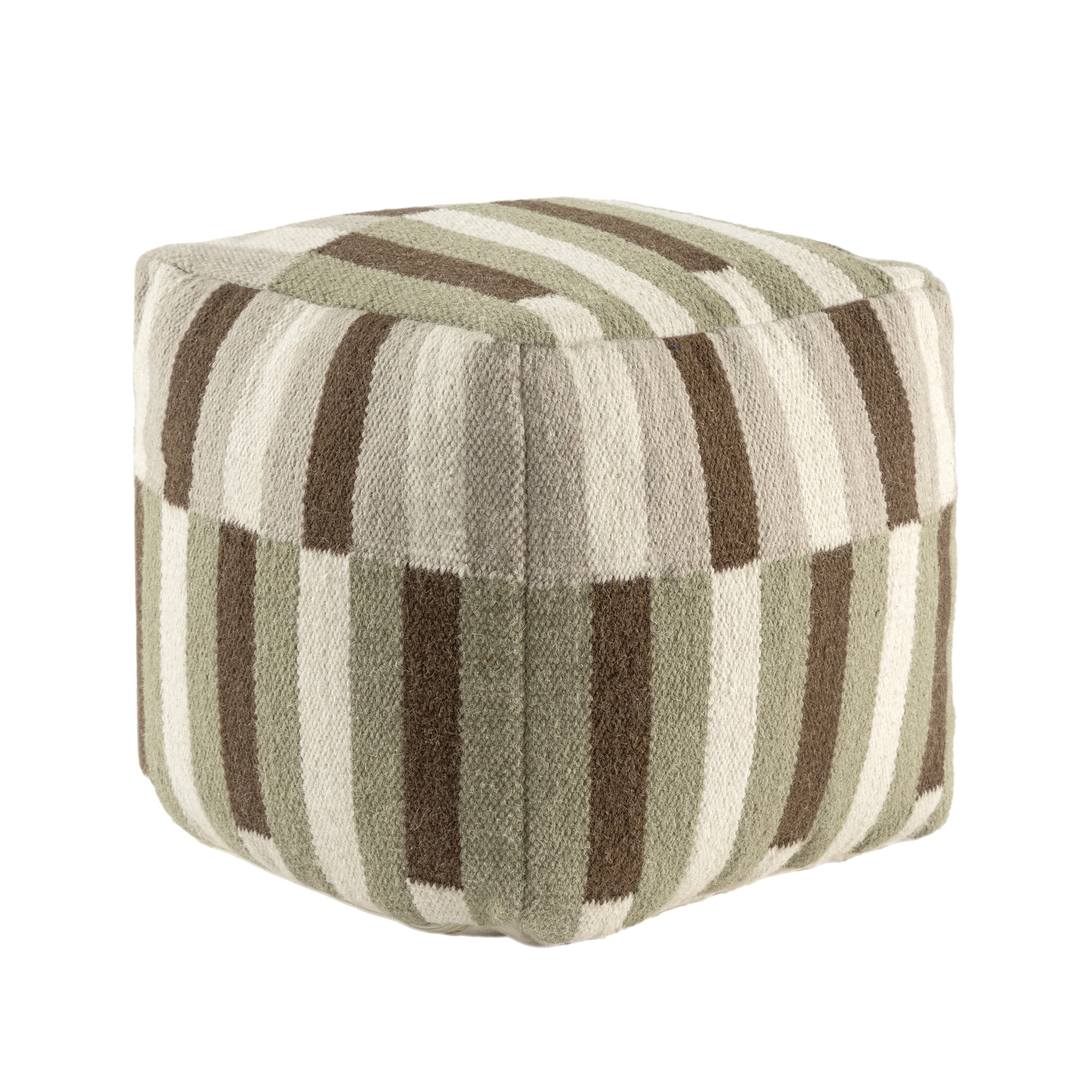 Ox Bay Cairo Ivory/Brown Color Block Striped Medium Square Indoor Pouf Ottoman, 18" H x 18" W