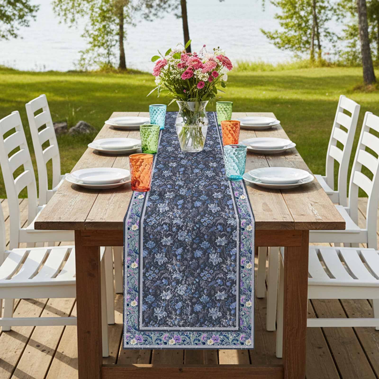 Table Runners 72 Inches Long Dress Scarves, Navy Blue Floral Boho Farmhouse Kitchen/Dining Table Runner, Coffee Tablerunners, Ethnic Tribe Abstract Art Flower 16x72 Inch