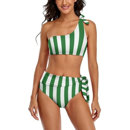Aesthetic Patina Green And White Vertical One Shoulder Bowknot Swimsuit Two Piece Swimsuit Knot Crop Top Bikini High Waisted Bathing Suit