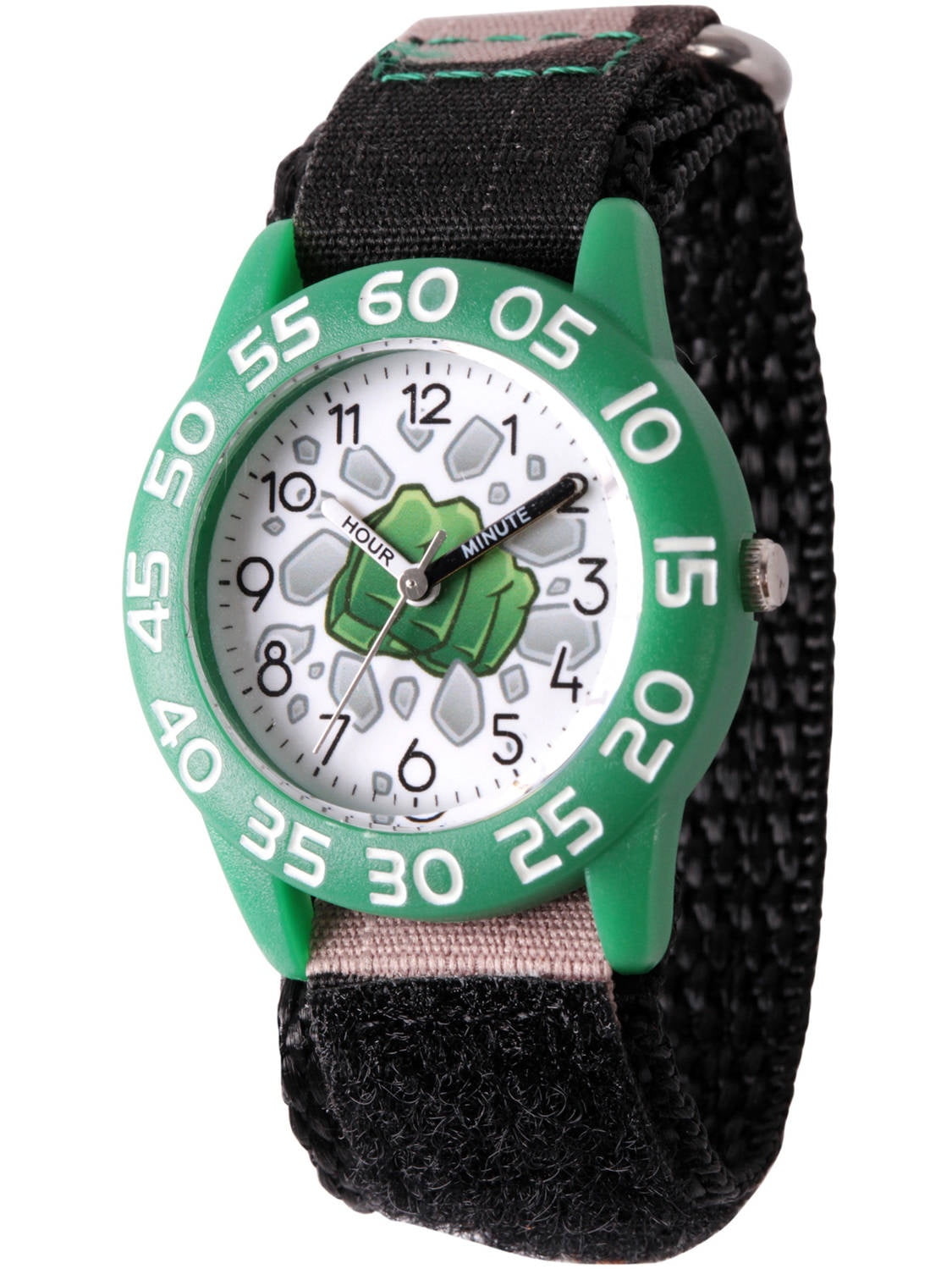 Emoji Kids' Hulk Fist Green Plastic Time Teacher Watch, Camo Hook and Loop Nylon Strap