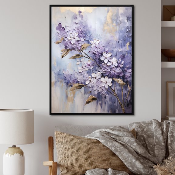 Designart "Dreams Of Pastel Lilacs In Purple And Gold I" Lilacs Floater Framed Canvas Prints
