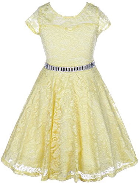 Little Girls Illusion Lace Top Stone Belt Easter Flower Girl Dress Yellow 4 (J19KS88)