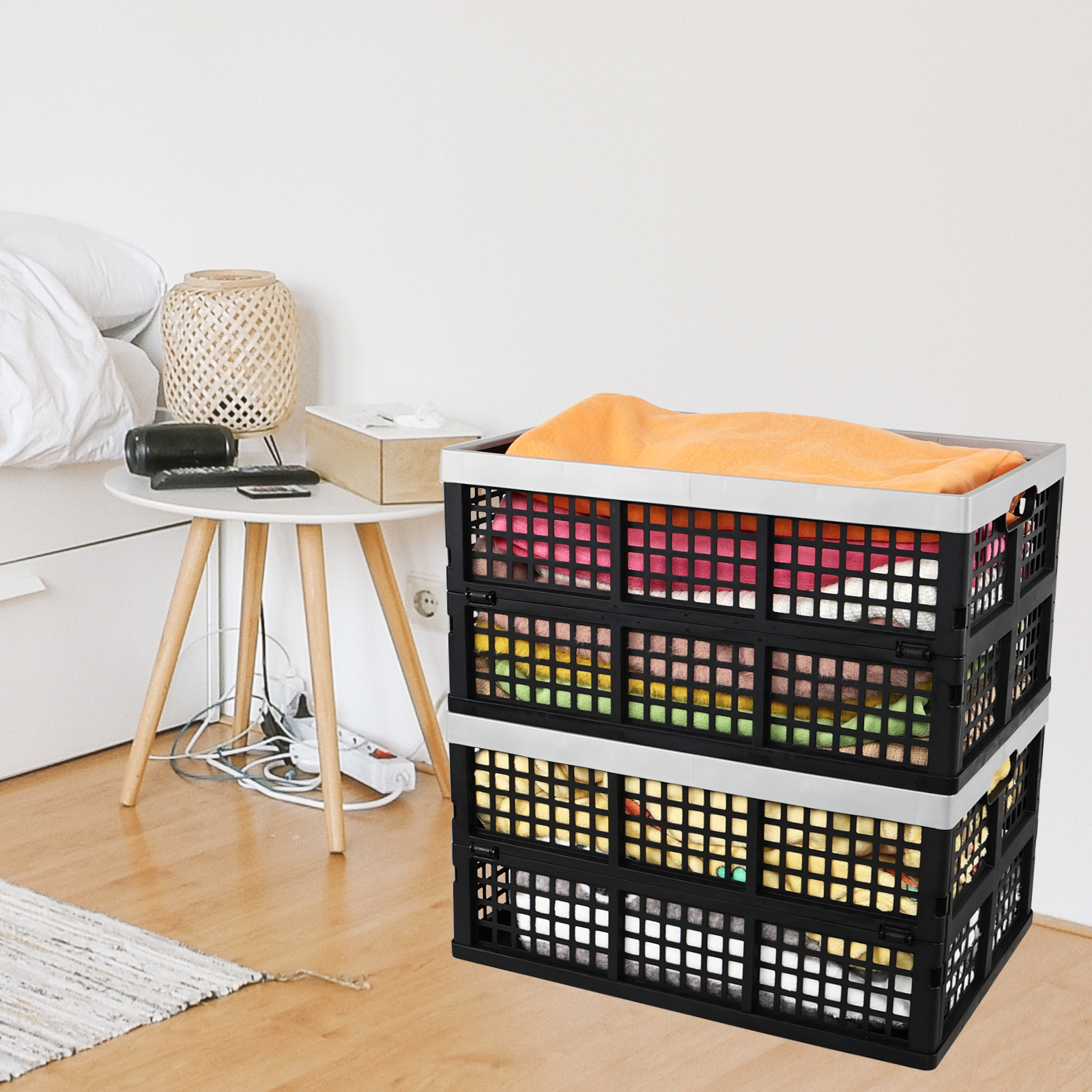 Jnktka 3 Pack 42 L Large Collapsible Storage Crates, Stackable Plastic Crate Basket Black