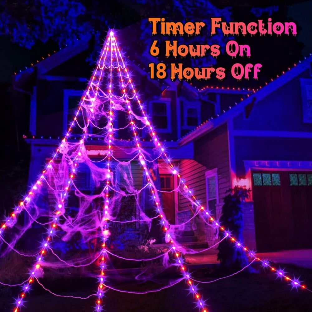16.4*15.7Ft, Halloween Spider Web Lights 135 LED Lighted Spider Web Large Halloween Decorations Light up with 8 Lighting Modes & IP65 Waterproof &Timer for Outdoor Indoor Yard Haunted House Decor