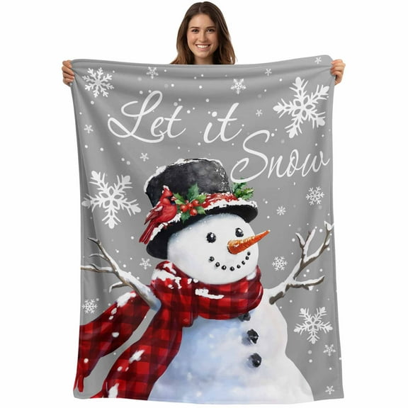 Gray Christmas Flannel Throw Blanket for Couch,Lightweight Fleece Soft Cozy Bed Blankets for Boys Girls Adults Kids,Snowflake Snowman Xmas Birds Berry All Season Car Blanket 39 x 49 Inch