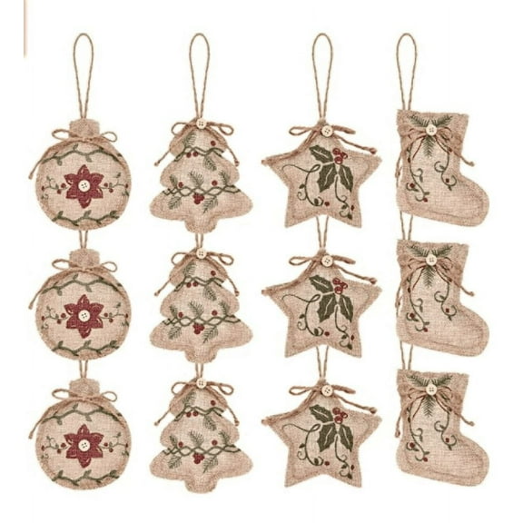 BOPORO Rustic Christmas Burlap Tree Ornaments Farmhouse Hanging Decorations Christmas Stocking Tree Ball Shaped Decor - 12