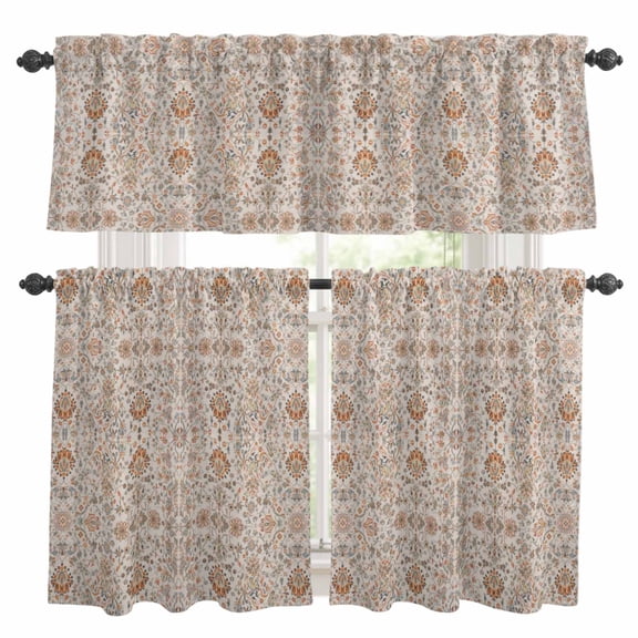 Vintage Boho Kitchen Curtains Sets for Windows 24 Inch Length, Retro Southwestern Ethnic Mexican Floral Rod Pocket Window Treatments Tier Curtains and Valances Set for Bedroom/Bathroom