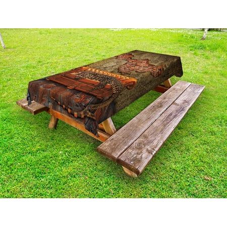 

Fantasy Outdoor Tablecloth Decadence Grunge Ruin Brick Wall and a Giant Lizard on the Sofa Surreal Art Decorative Washable Fabric Picnic Table Cloth 58 X 84 Inches Vermilion Umber by Ambesonne