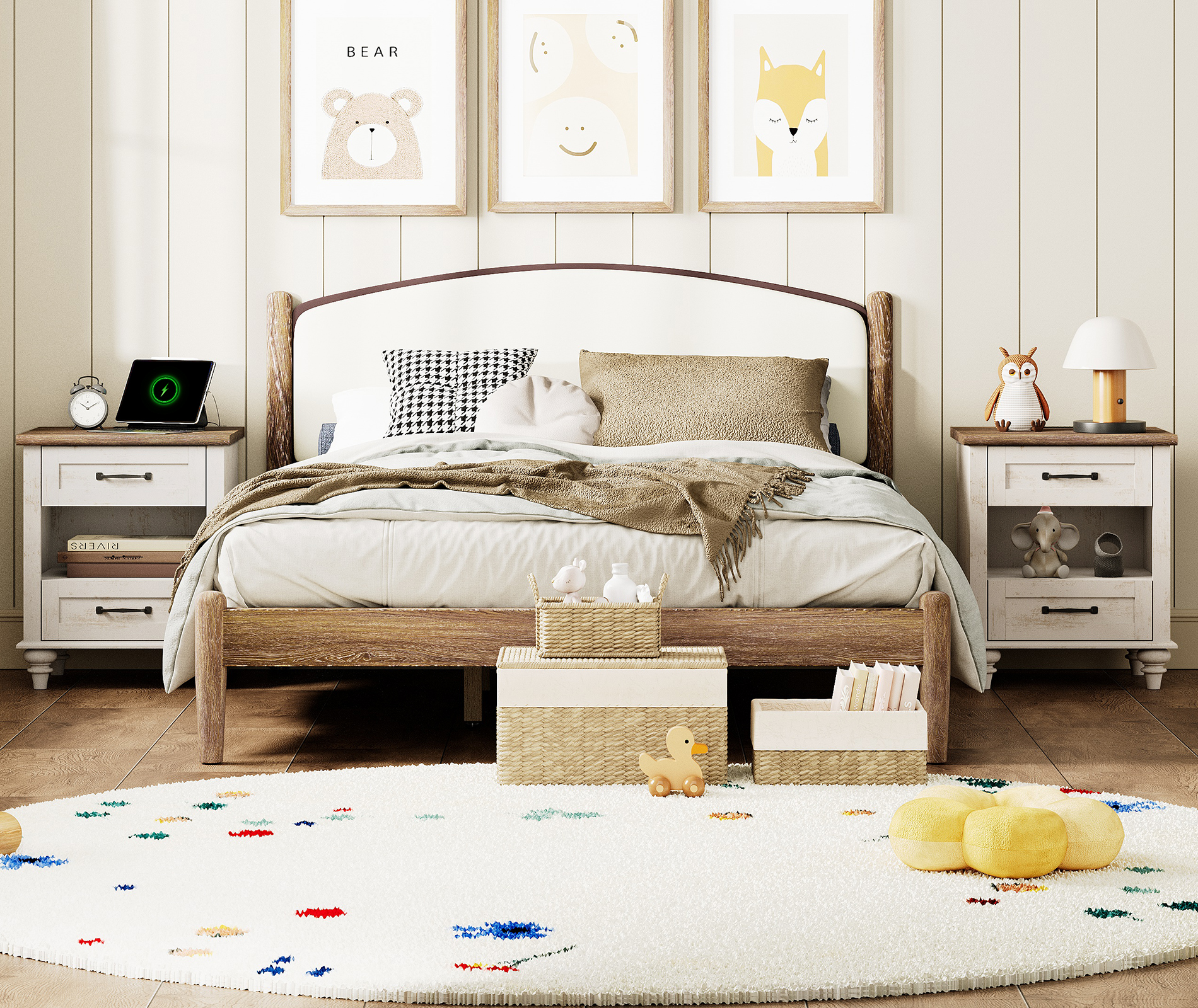 Antique White Side Table with 2 Drawers & Open Shelf, Rustic End Table with Charging Station, Wooden Nightstand for Bedroom, Living Room