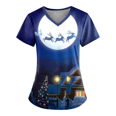 

DENGDENG Scrub Plus Size Christmas Print Nurse Uniform Buisness Casual Womens Tops V Neck Holiday Compression Shirt Women with Pockets Short Sleeve Fitted Blouses for Women Blue 3XL
