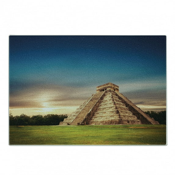 Travel Cutting Board, Image of Kukulkan Pyramid in Chichen Itza Yucatan Mexico Monument, Decorative Tempered Glass Cutting and Serving Board, in 3 Sizes, by Ambesonne