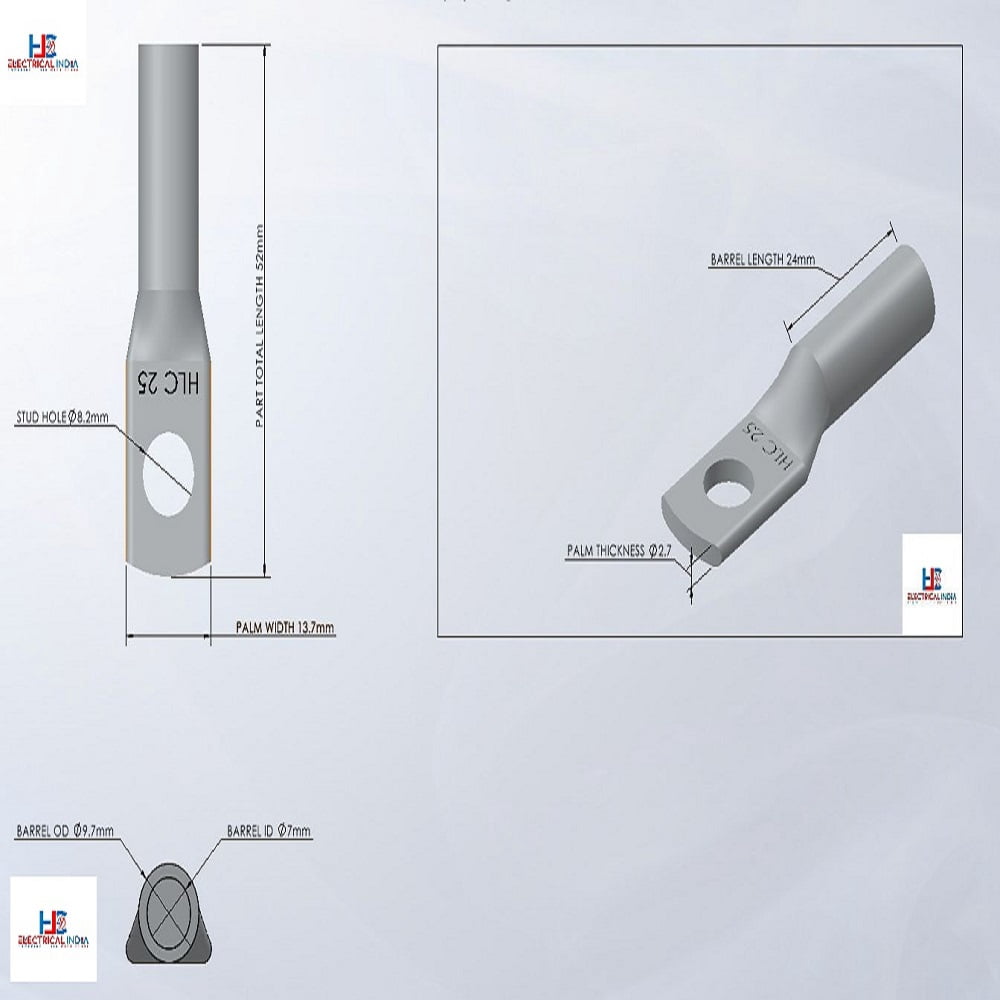 HLC Aluminum Lug | 25 mm² Wire Connector | Stud Hole | Heavy Duty Electrical Cable Lug | Crimp Type pack of 6