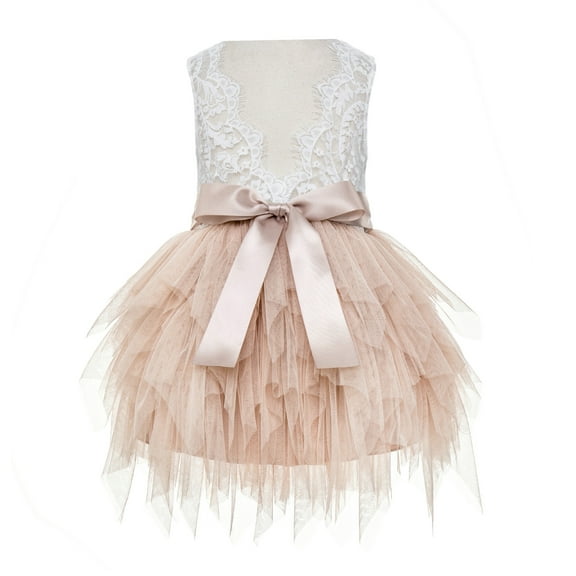 Ekidsbridal Girl Flower Girl Dress - Backless Lace Tiered Tulle Knee Length LG6-A (Size: S-8)