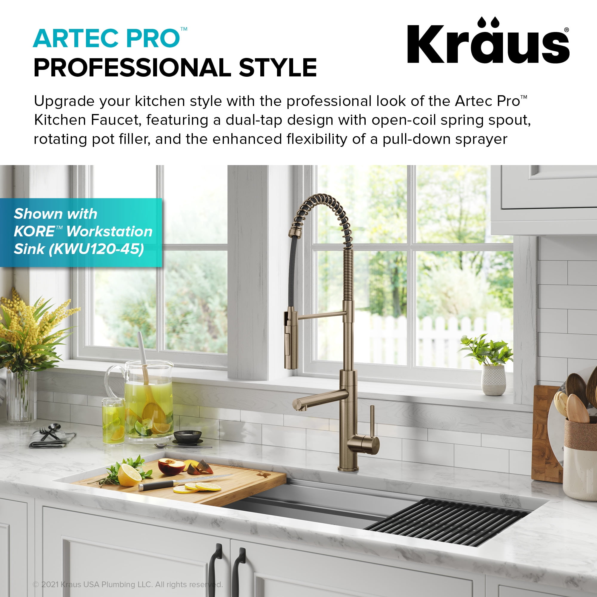 Kraus Artec Pro Commercial Style Pull-Down Single Handle Kitchen Faucet with Pot Filler in Spot Free Antique Champagne Bronze