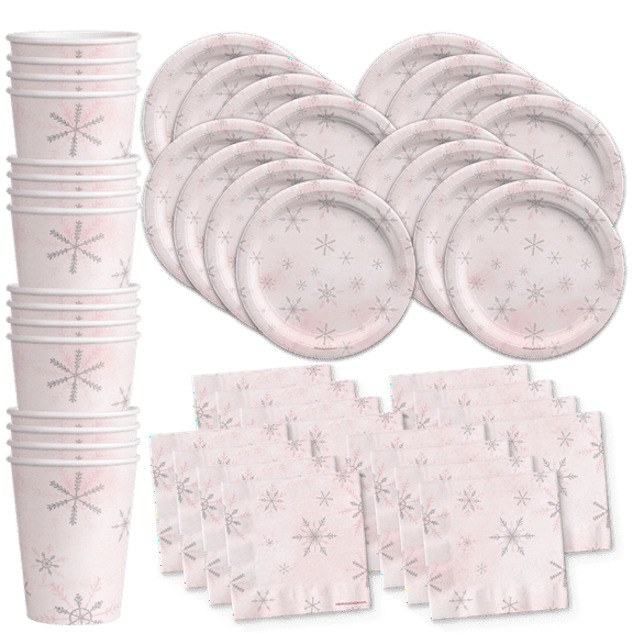 Pink Snowflake Winter Birthday Party Supplies 48 Piece Tableware Set Includes Plates Napkins Cups Kit for 16