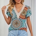 thumbnail image 3 of Whataatahia Blusa estampada de encaje de guipur Blusa de guipur de manga corta con pétalos y escote en V para mujer Azul S, 3 of 6