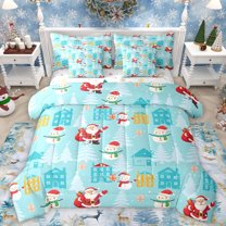 Homewish Magic Santa Claus Bedding Comforter Set 7pcs for Teens, Cute Winter Snowman Queen Bedding Sets, Cyan Christmas Cabin Reversible Queen Sheet Sets, Microfiber Bedroom Decor