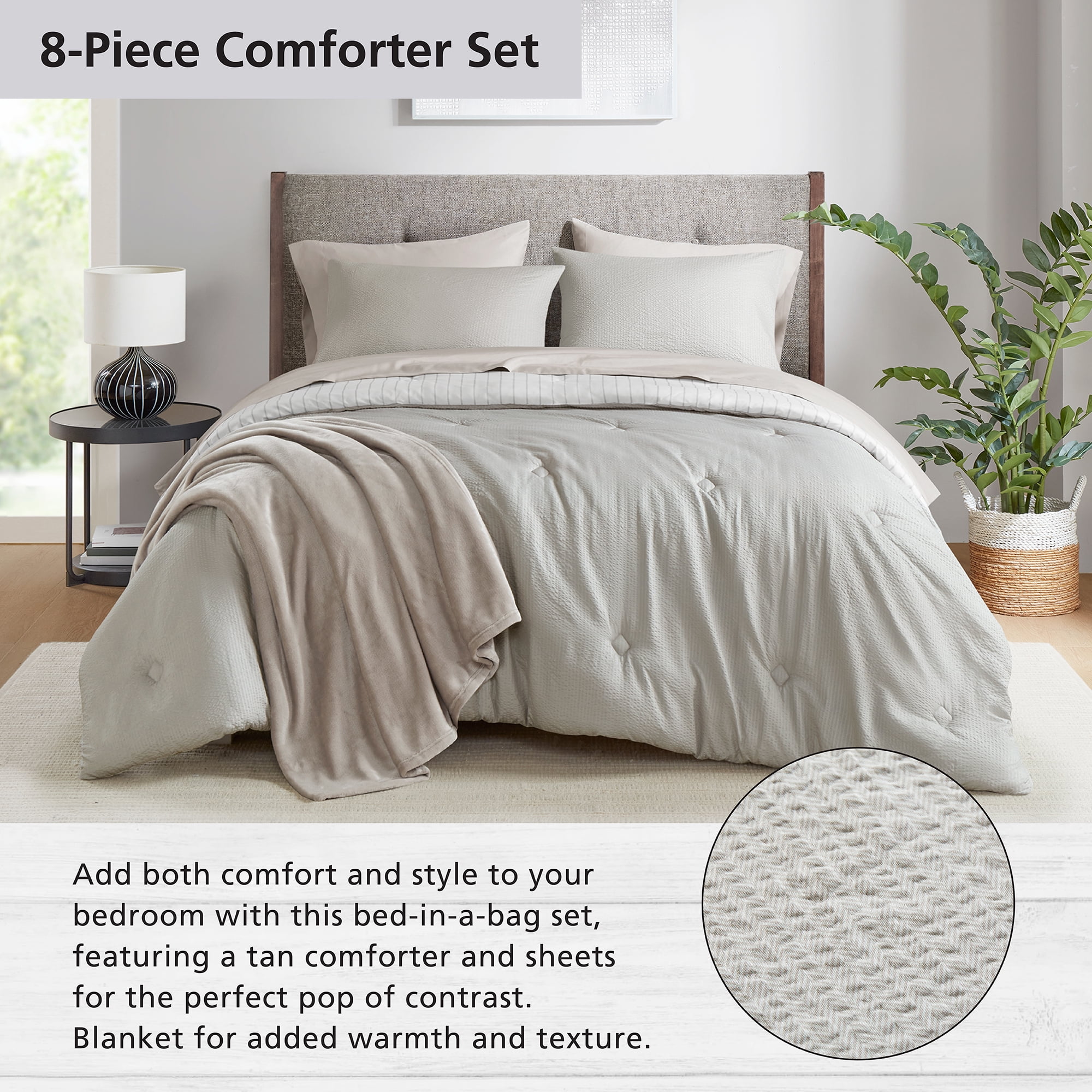 Mainstays 8-Piece Bed in a Bag Comforter Set with Sheets and Blanket, Stone, Queen