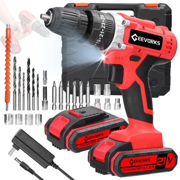 Mistaha 21V Cordless Electric Drill Set with Impact Driver and Screwdriver Function, Adjustable Torque, Dual Speed, LED Light, Rechargeable Lithium Battery - Red