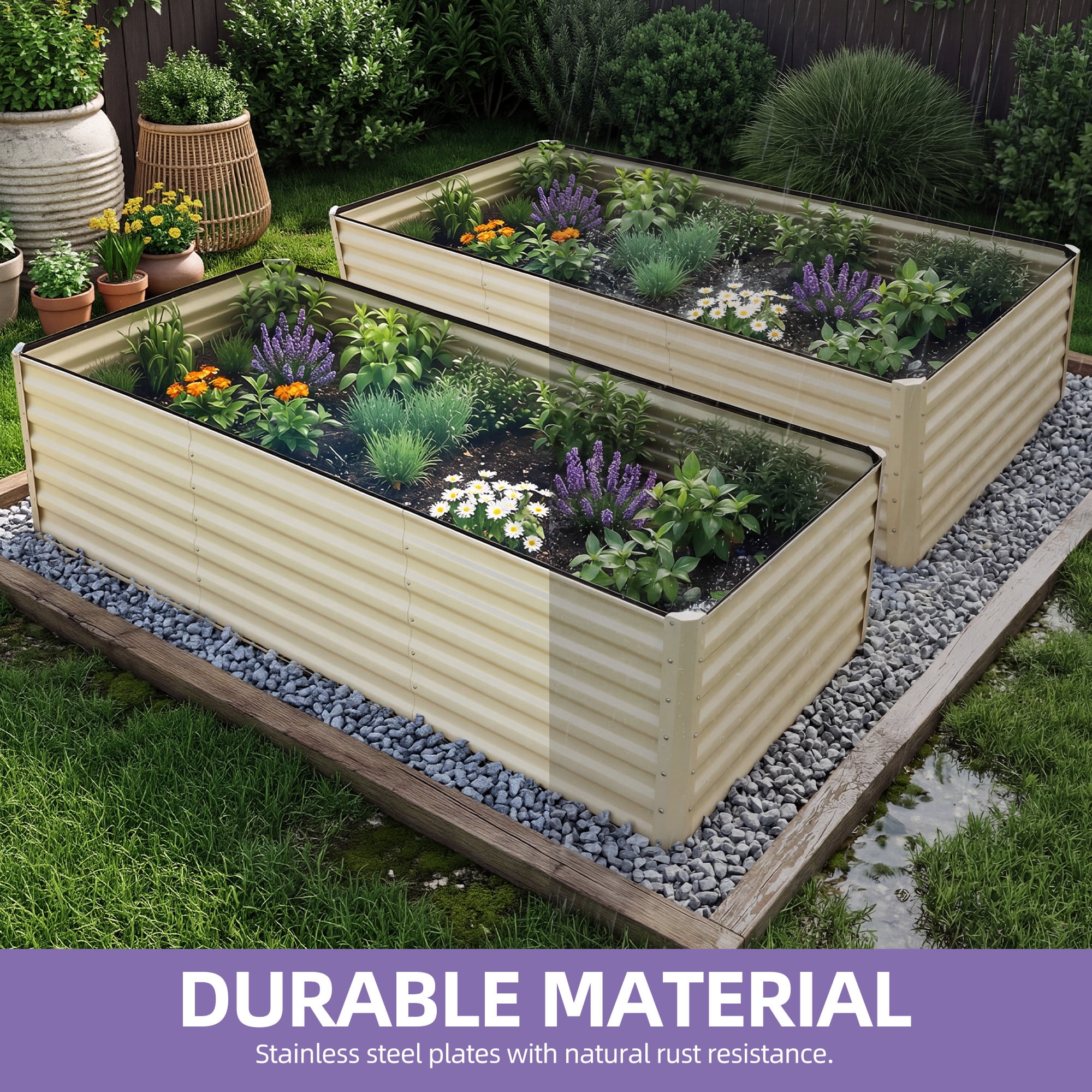 Uforic 6x3x2 Ft 2 Pieces Galvanized Metal Raised Garden Bed Kit with Free Gloves Cream White