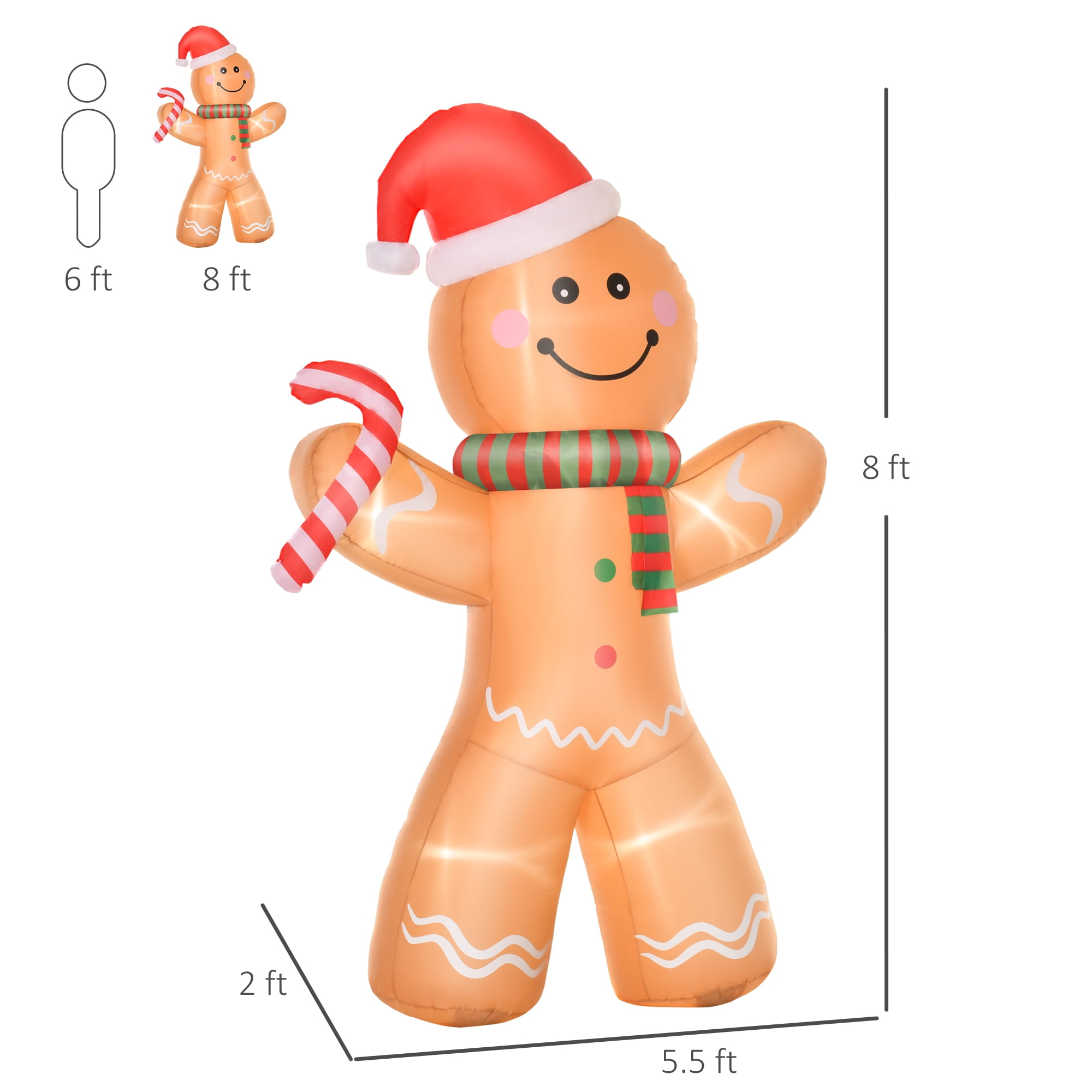 8ft Inflatable Gingerbread Man with Candy Bar LED Lights IP44 Waterproof Outdoor Yard Christmas Decoration