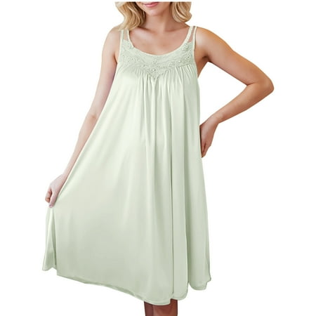 FAIWAD Women s Satin Nightgown Lace Embroidery Loose Sleeveless Flowy Pajamas Dress Summer Knee-Length Babydoll Sleepwear