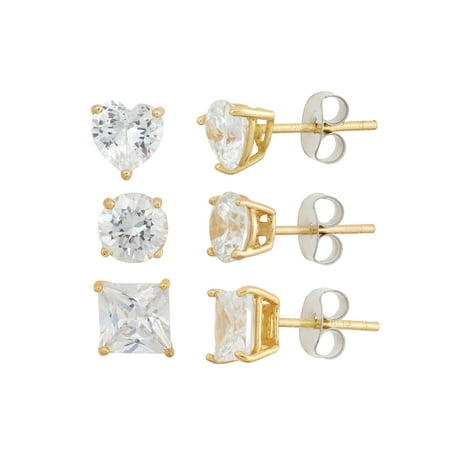 - White CZ 6mm Heart, 6mm Round Stud and 6mm Square 18kt Gold over Sterling Silver Stud Earrings, Set of 3
