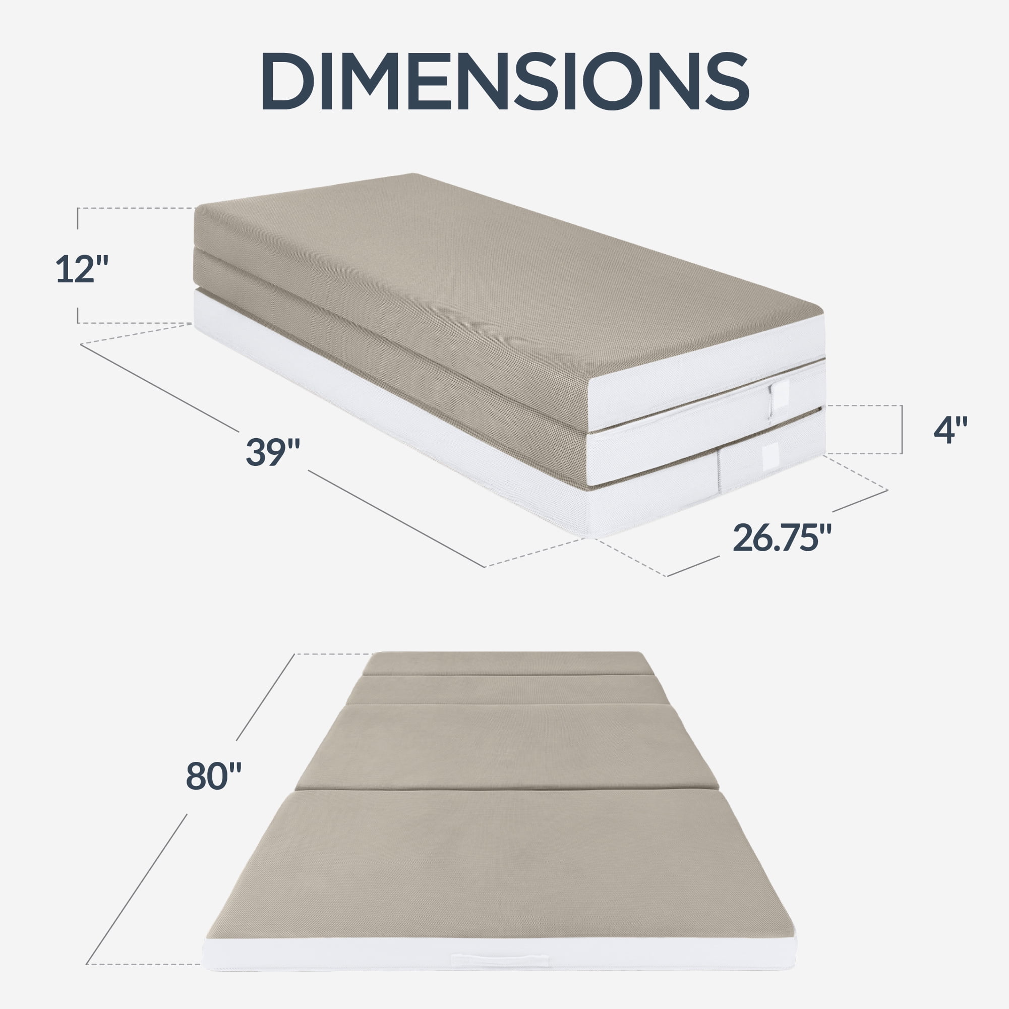 Best Choice Products 4in Thick Folding Portable Twin XL Tri-Fold Mattress w/ Carry Case, Washable Cover - Taupe