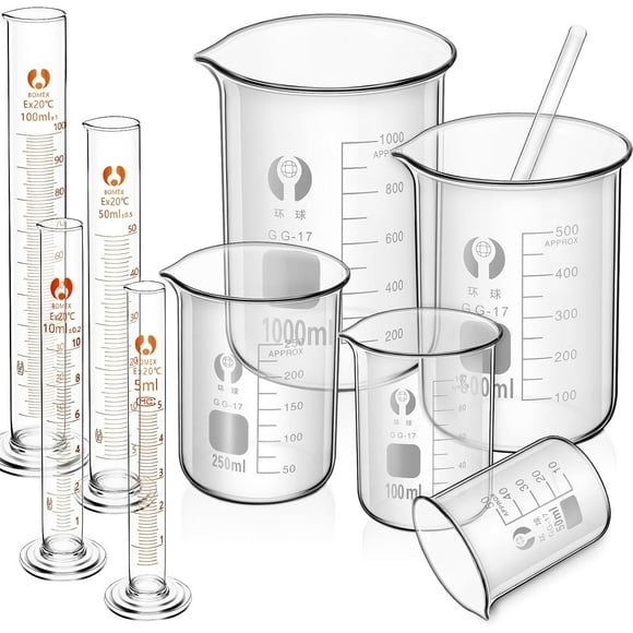 10 Pieces Glass Measuring Beaker Graduated Measuring Cylinder with Stirring Rod 50/100/ 250/500/ 1000 ml Thick Glass Beakers 5/10/ 50/100 ml Graduated Cylinders for Science Lab(5.9 Inch)