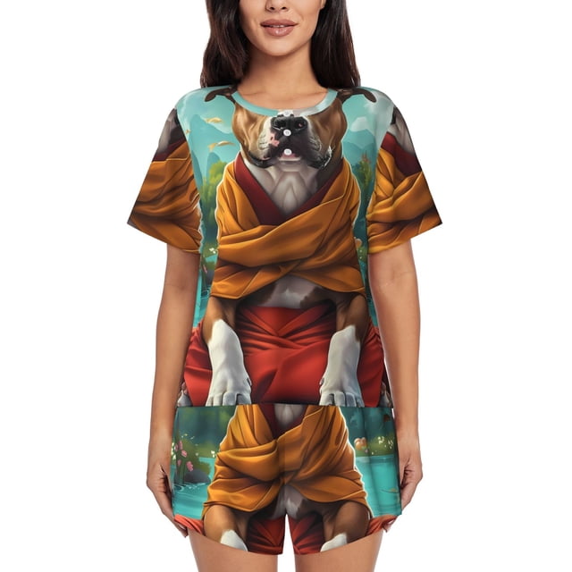 Fotbe Meditating French Bulldog Conjunto de Pijama Estampado para Mujer, 2 Piezas, Ropa de Dormir con Camiseta de Manga Corta y Shorts Suaves-X-Large