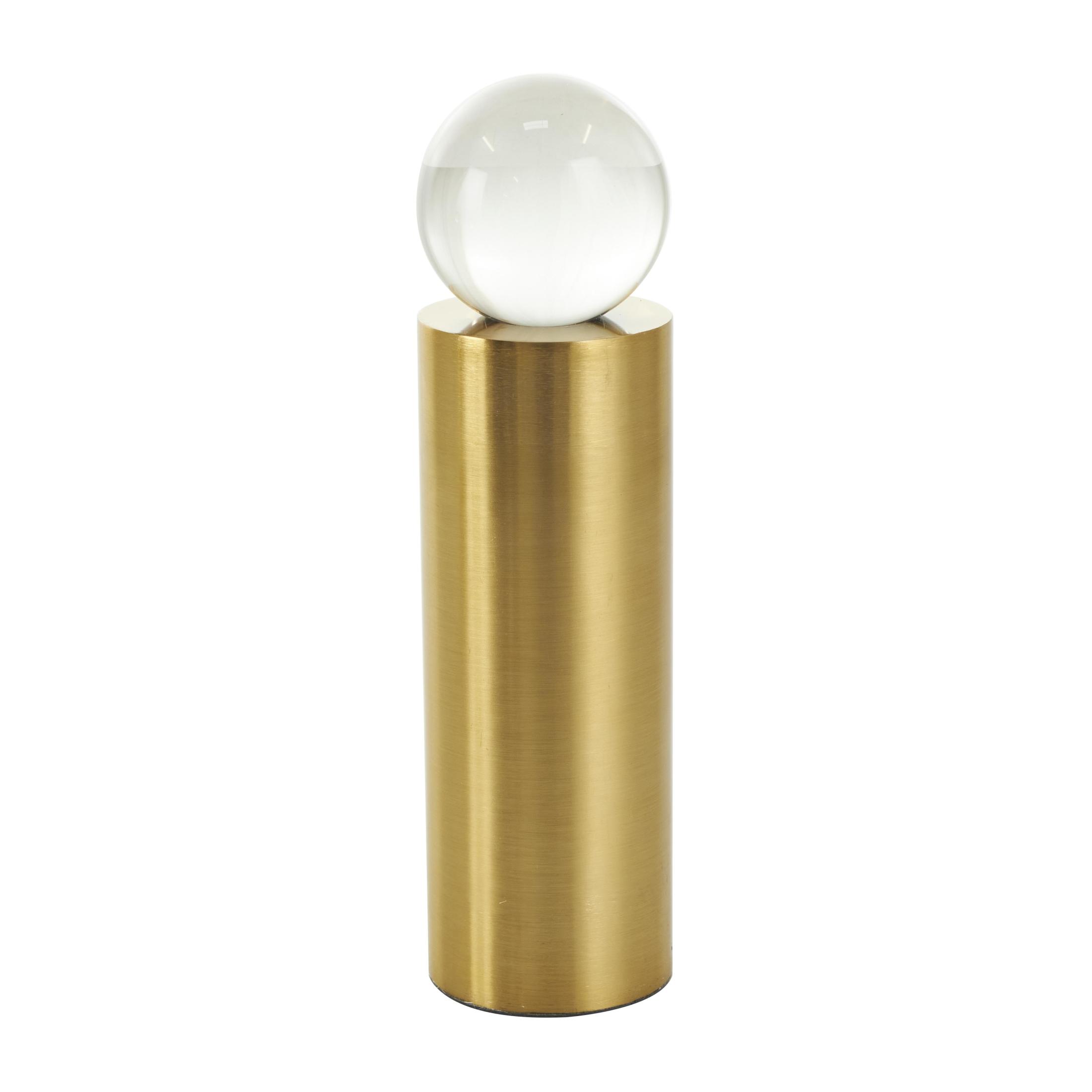 10", 8", 7"H Gold Metal Cylinder Post Geometric Sculpture with Clear Glass Orbs, by DecMode (3 Count)