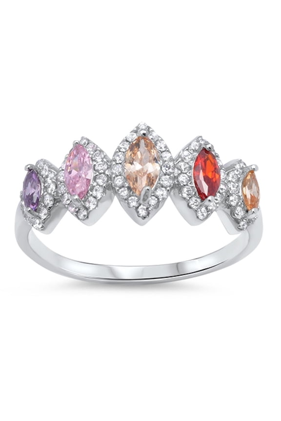 Multicolor Marquise Shaped Stones Surrounded By Round Clear Cubic Zirconia Ring Sterling Silver 925