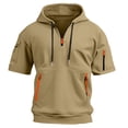 thumbnail image 2 of Mens Tactical Short Sleeve Half Zip Hoodie Muscle Fit Pullover Sweatshirt Cargo Arm Pocket Drawstring Hood Zipper Pocket Summer Streetwear Khaki XL, 2 of 5