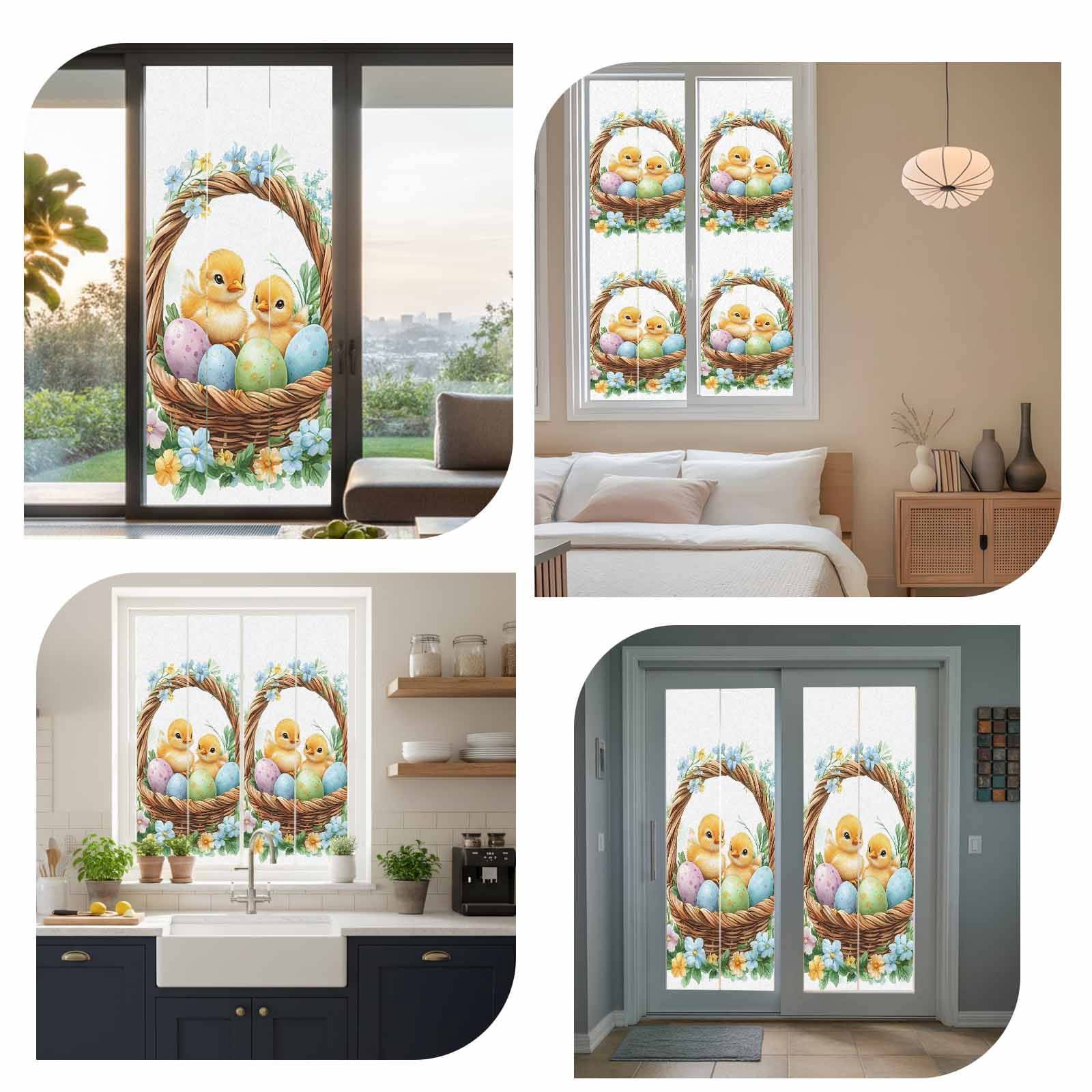 Easter Basket Chick Window Privacy Film, Watercolor Purple Blue Eggs Spring Blue Floral Leaf Frosted Glass Window Clings Static Cling UV Heat Blocking Reusable Door Sticker for Bedroom 23.6x78.7 Inch