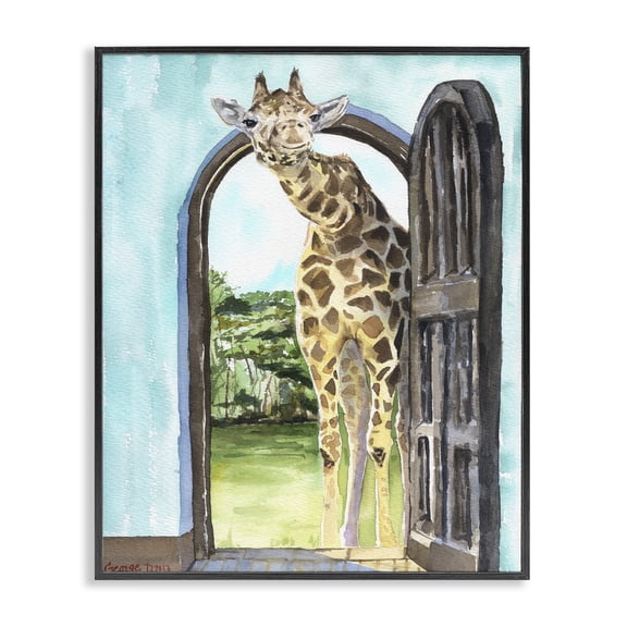 Stupell Industries Traditional Giraffe Through Doorway Safari Animal Portrait Black Framed Giclee Art, 11 x 14, by George Dyachenko